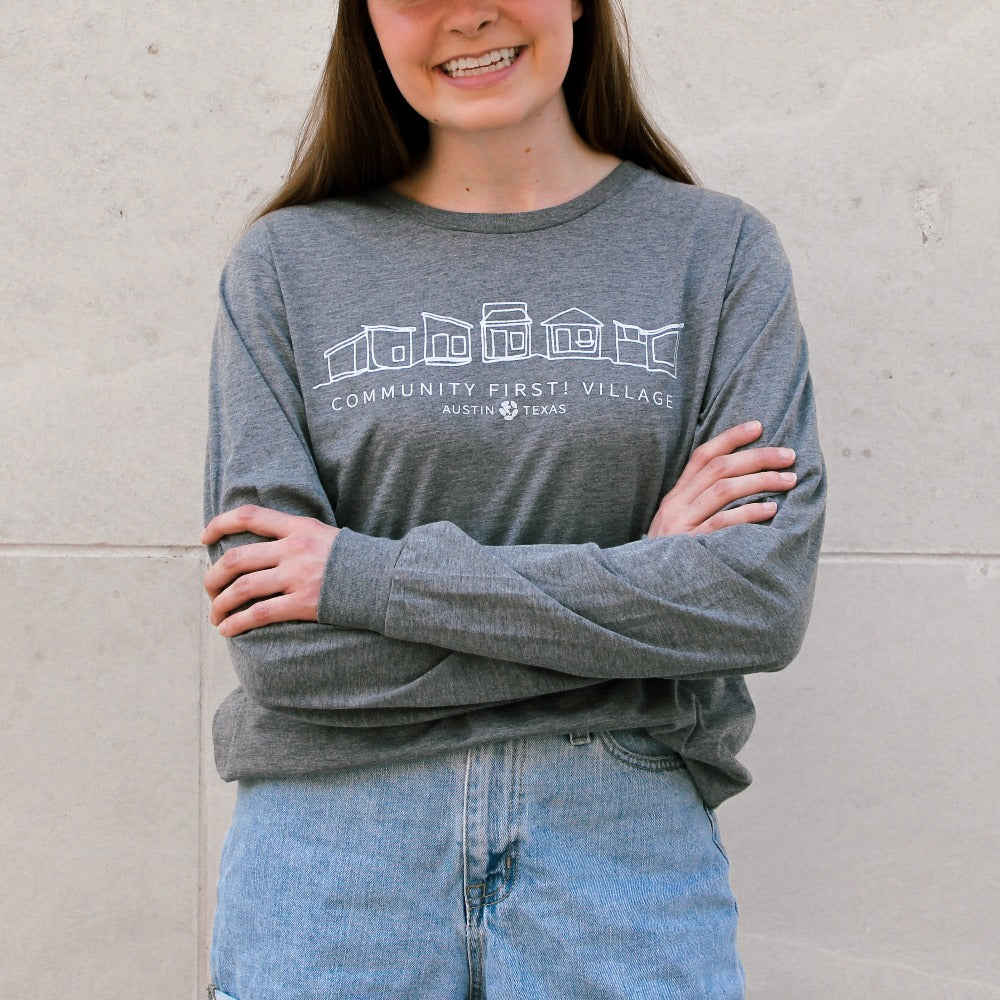 community first village tiny home long sleeve shirt gray