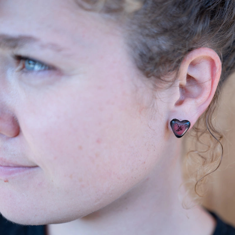 Red on Black Ceramic Heart Earrings