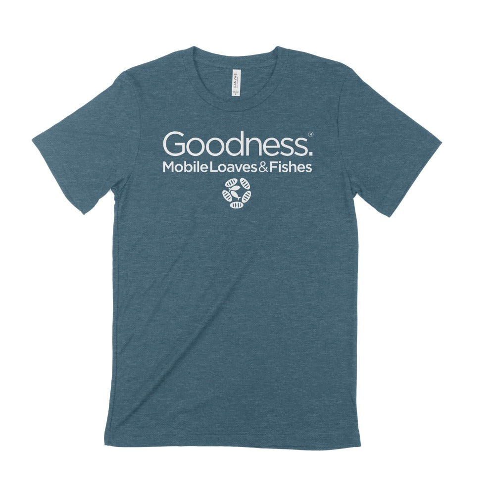mobile loaves and fishes goodness shirt blue