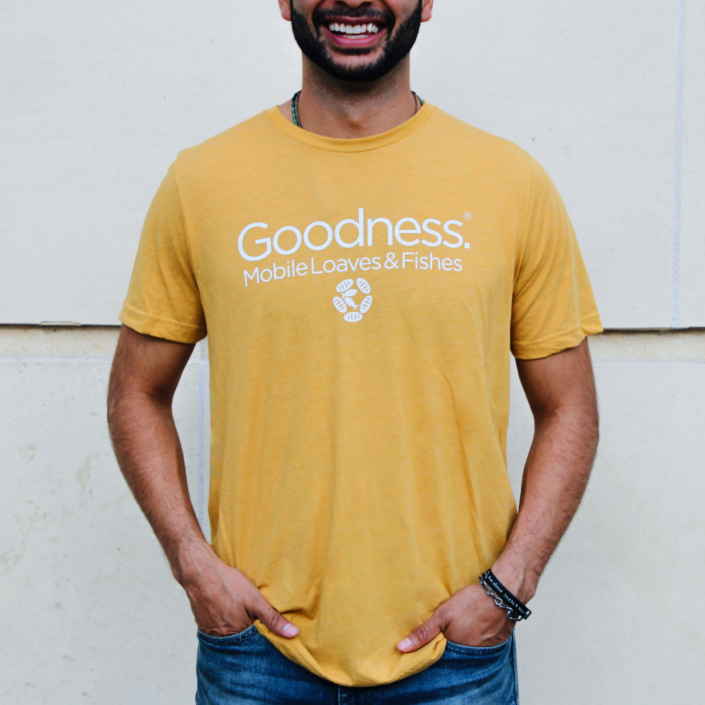mobile loaves and fishes goodness shirt mustard